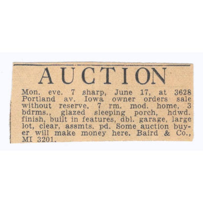 Baird & Co Auction Portland Ave 1935 Minneapolis Journal Advertisement AE7-H3