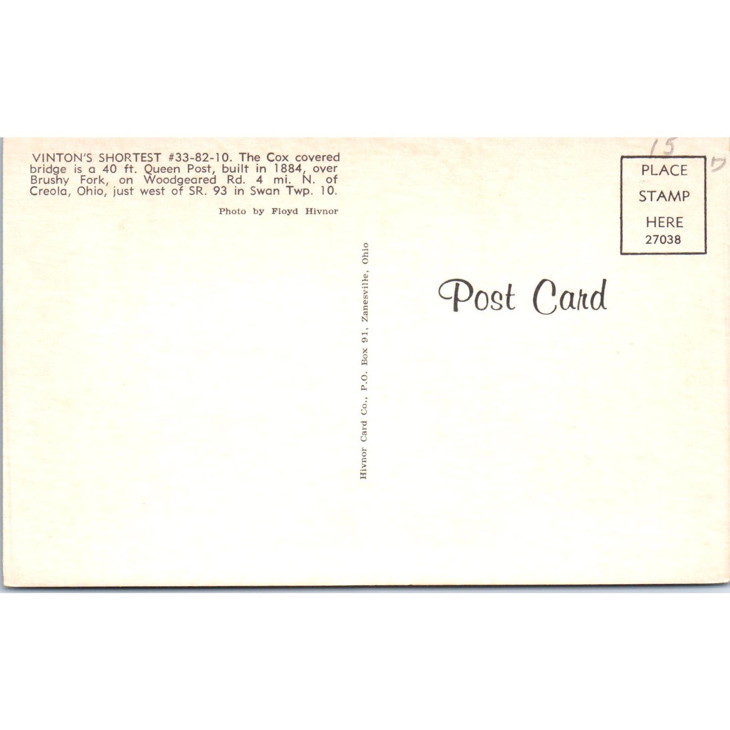 Cox Bridge Vinton's Shortest Creola Ohio Swan Twp Covered Bridge Postcard PC3