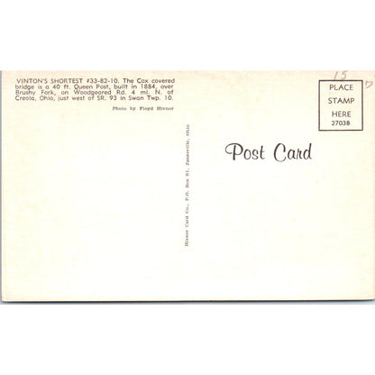 Cox Bridge Vinton's Shortest Creola Ohio Swan Twp Covered Bridge Postcard PC3