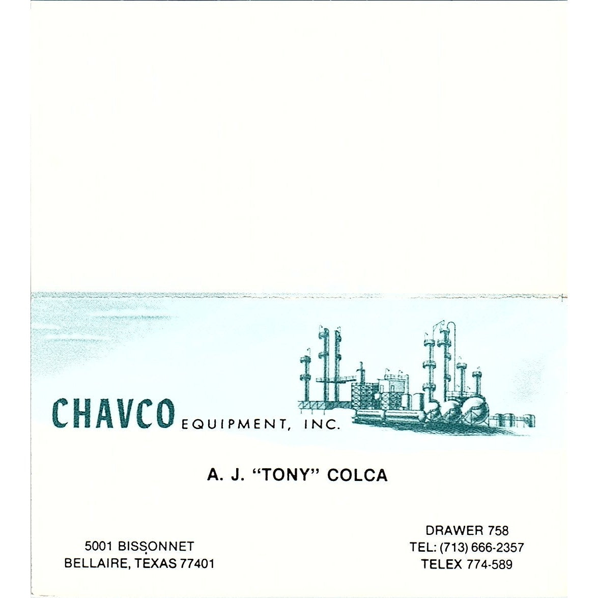 Chavco Equipment Inc A. J. Tony Colca Bellaire TX Vintage Business Card SB4-B10