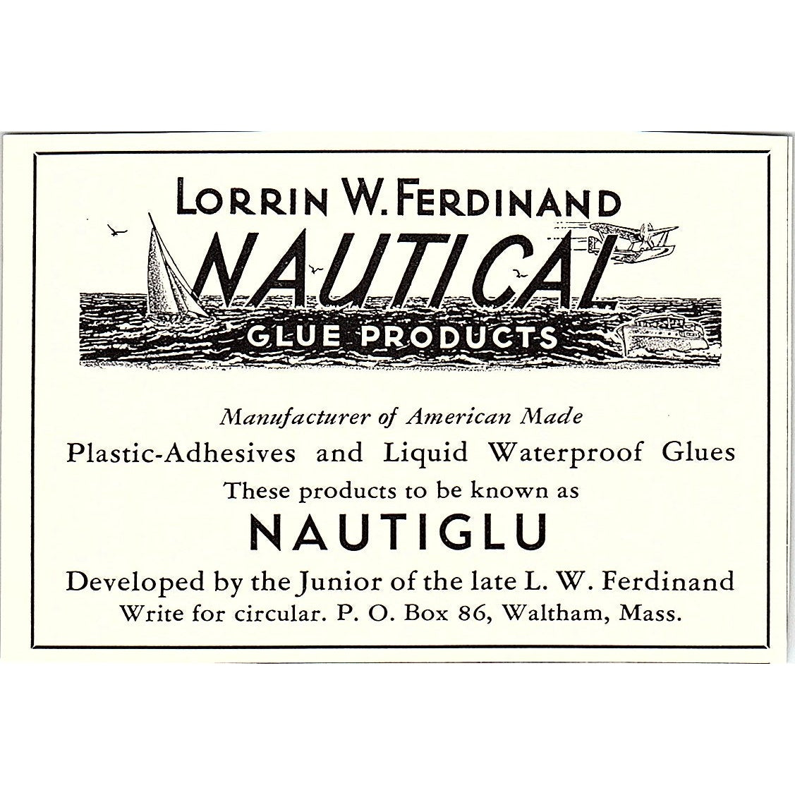 Lorrin W. Ferdinand Nautical Glue Products Nautiglu Waltham MA 1932 Ad AG2-M18