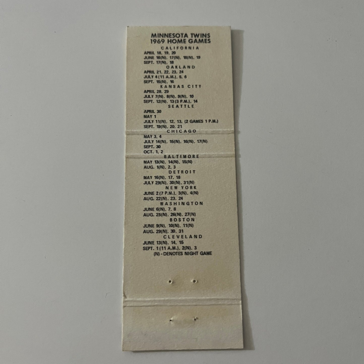 Minnesota Twins Baseball Schedule 1969 MN Vintage Matchbook Cover MB42-6