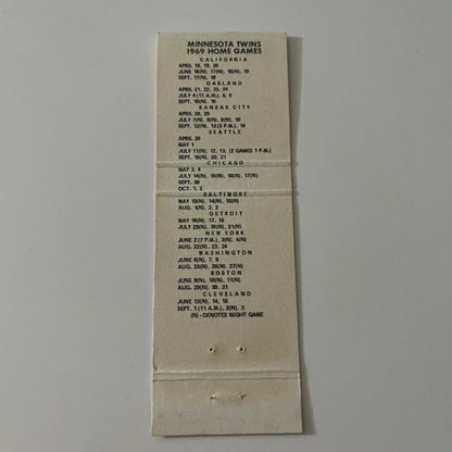 Minnesota Twins Baseball Schedule 1969 MN Vintage Matchbook Cover MB42-6