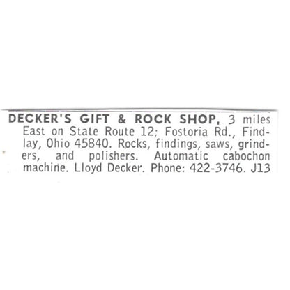 Decker's Gift & Rock Shop Lloyd Decker Findlay Ohio 1972 Ad AF8-S13