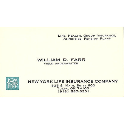 William D Farr New York Life Tulsa OK Vintage Business Card SD9-B9