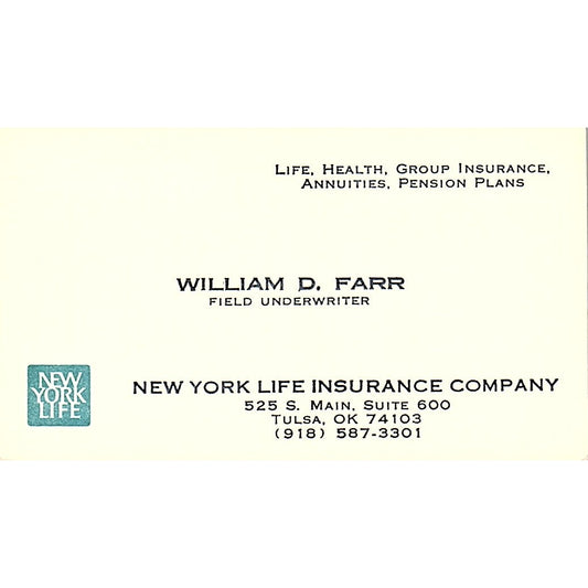 William D Farr New York Life Tulsa OK Vintage Business Card SD9-B9