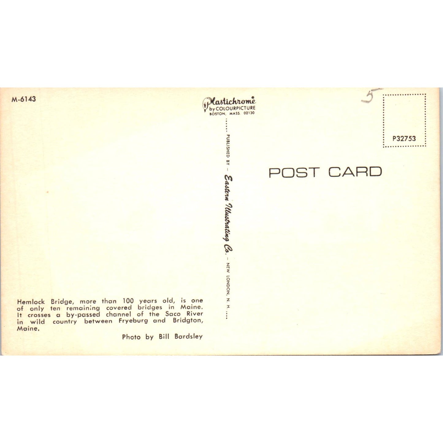 Hemlock Bridge Saco River Bridgton ME Vintage Covered Bridge Postcard PC17