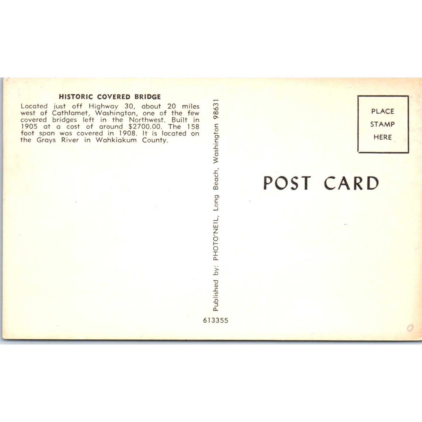 Wahkiakum County Cathlamet, Washington Covered Bridge Postcard PB12