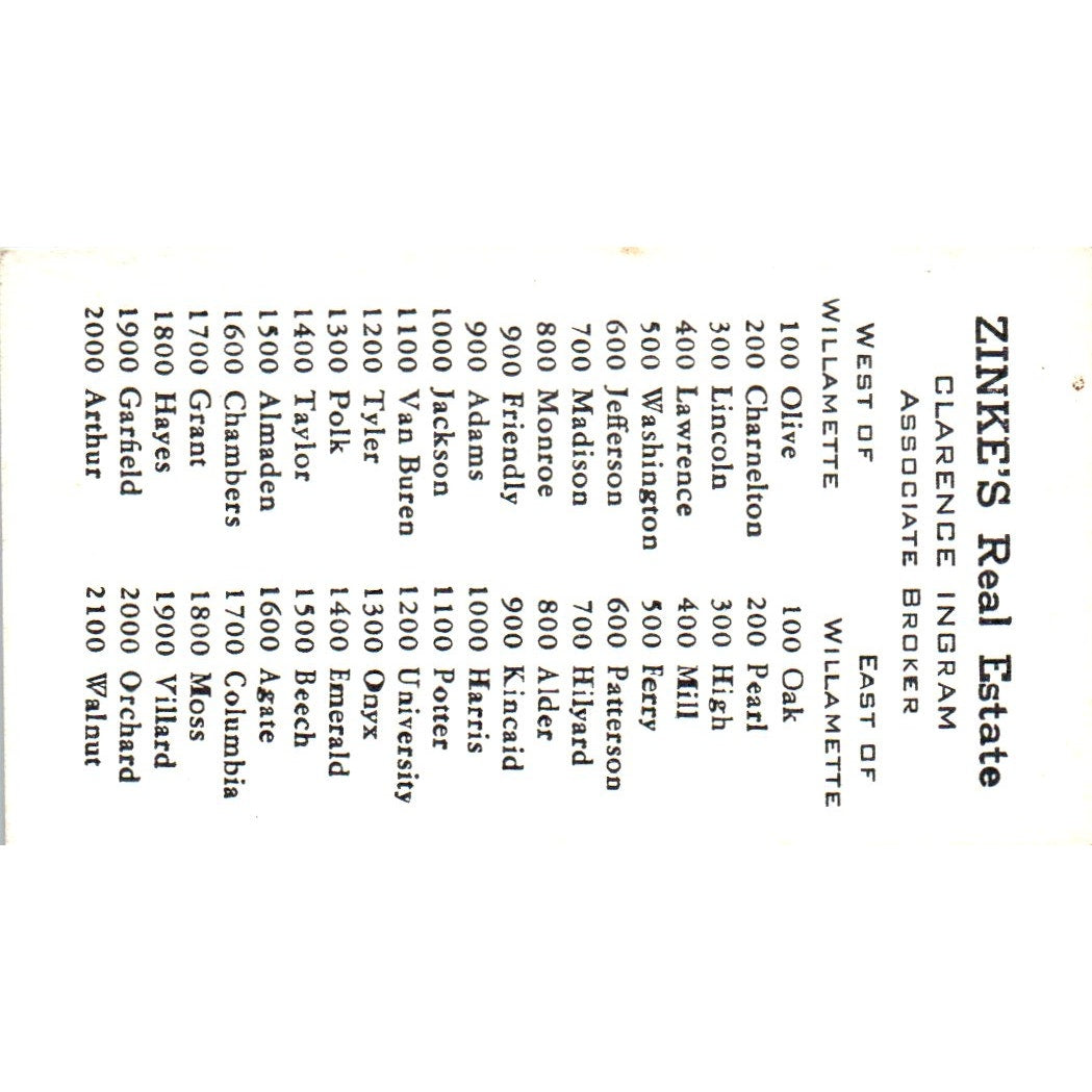 Clarence Ingram Zinke's Real Estate Eugene OR Vintage Business Card SD8-B2