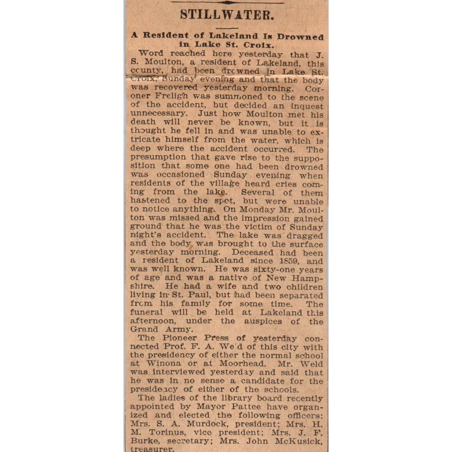 Lakeland Resident J.S. Moulton Drowned in Lake St Croix 1898 Newspaper Ad AF2-A2