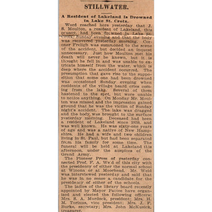 Lakeland Resident J.S. Moulton Drowned in Lake St Croix 1898 Newspaper Ad AF2-A2