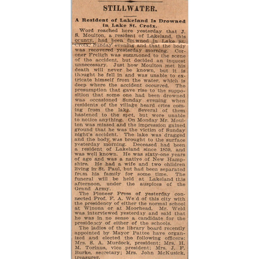 Lakeland Resident J.S. Moulton Drowned in Lake St Croix 1898 Newspaper Ad AF2-A2