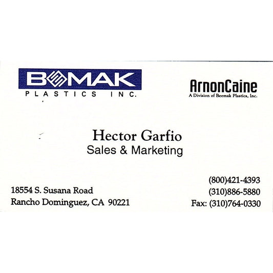 Hector Garfio Beemak Plastics Rancho Dominguez CA Vintage Business Card SC9-B11