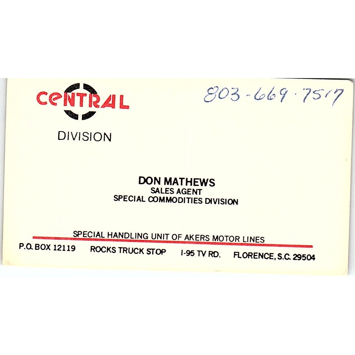 Central Division Don Mathews Florence S.C. Vintage Business Card SB4-B6