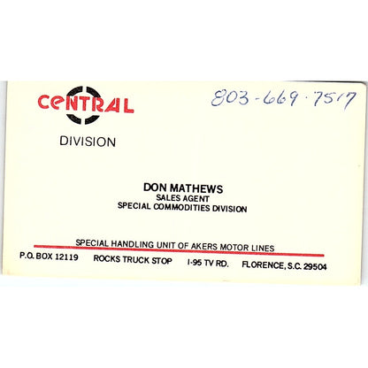 Central Division Don Mathews Florence S.C. Vintage Business Card SB4-B6