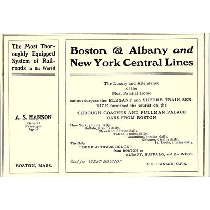 Boston & Albany and New York Central Lines A.S. Hanson - 1902 Ad AF4-13