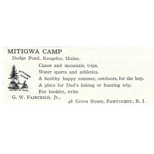 Mitigwa Camp Dodge Pond Rangeley G.W. Fairchild Jr. c1918 Advertisement AE5-SV2