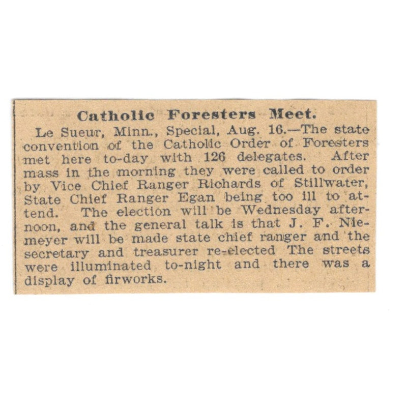 Catholic Foresters Meet Ranger Richards Le Sueur MN 1898 Newspaper Ad AF2-S4