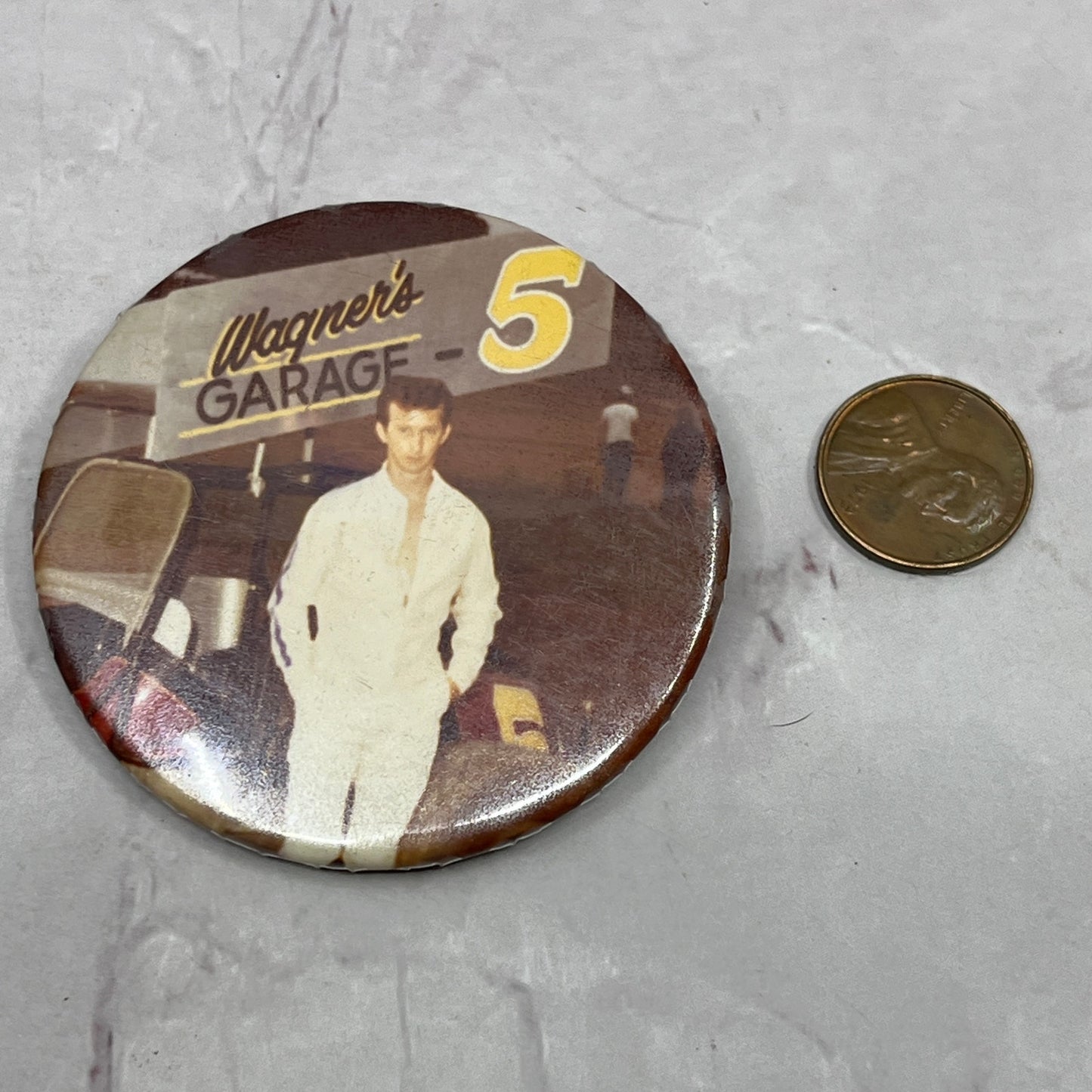 Vintage Racing Portrait Racecar #5 Wayne's Garage Vintage Pinback Button TC5-PB
