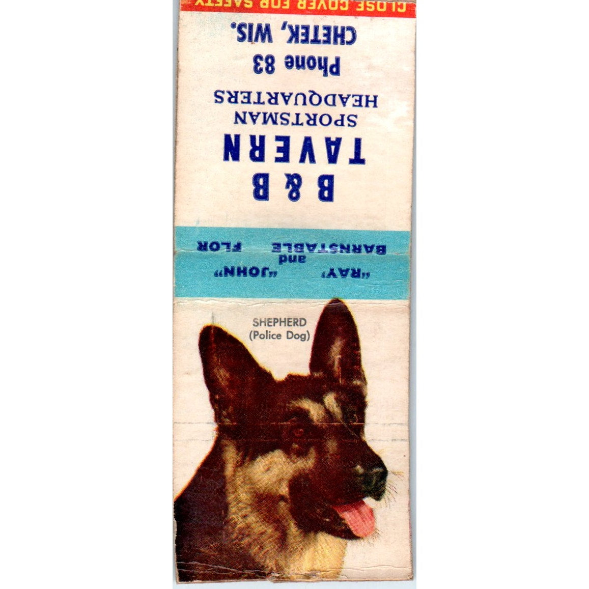 B & B Tavern Chetek WI German Shepherd Vintage Matchbook Cover SD2-Y3