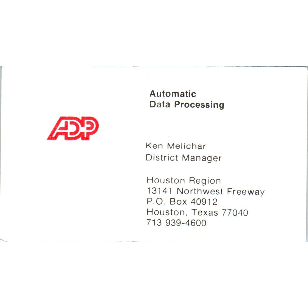 Ken Melichar ADP Automatic Data Processing Houston Vintage Business Card SD8-B16
