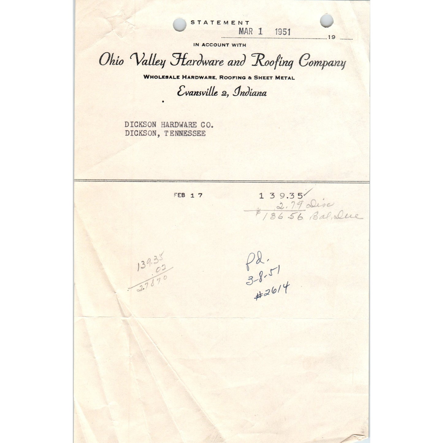 1951 Ohio Valley Hardware & Roofing Co Evansville IN Letterhead Receipt D18