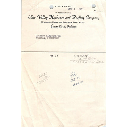 1951 Ohio Valley Hardware & Roofing Co Evansville IN Letterhead Receipt D18