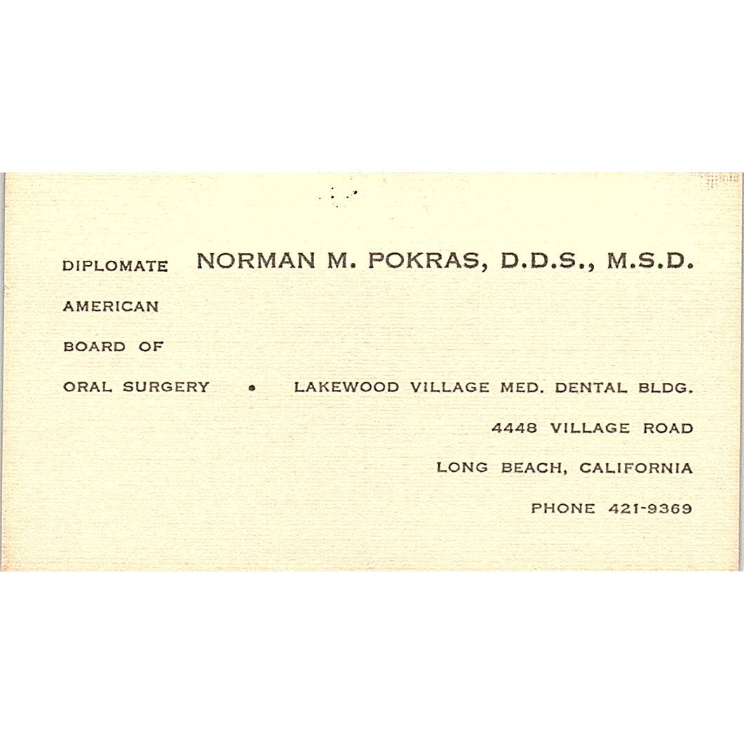 Norman M Pokras DDS Dentist Long Beach CA Vintage Business Card SE3-B15