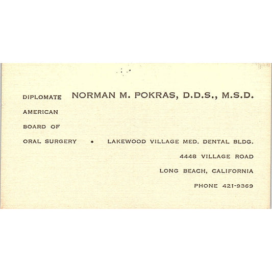 Norman M Pokras DDS Dentist Long Beach CA Vintage Business Card SE3-B15