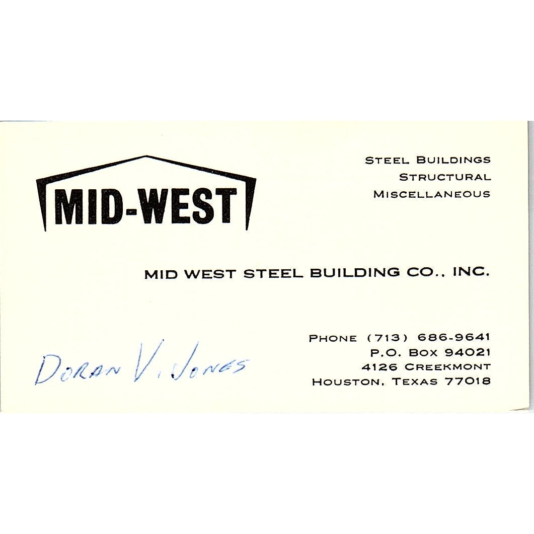 Doran V Jones Mid West Steel Building Co Houston Vintage Business Card SE5-B2