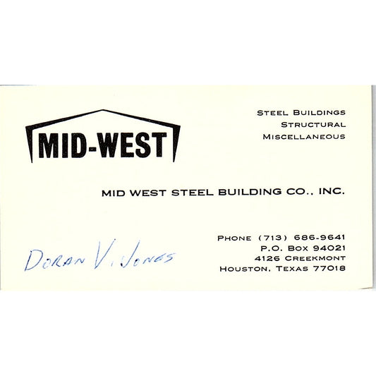 Doran V Jones Mid West Steel Building Co Houston Vintage Business Card SE5-B2