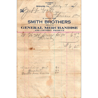 1919 Smith Brothers General Merchandise Spencer VA Receipt Billhead AF1-RR5