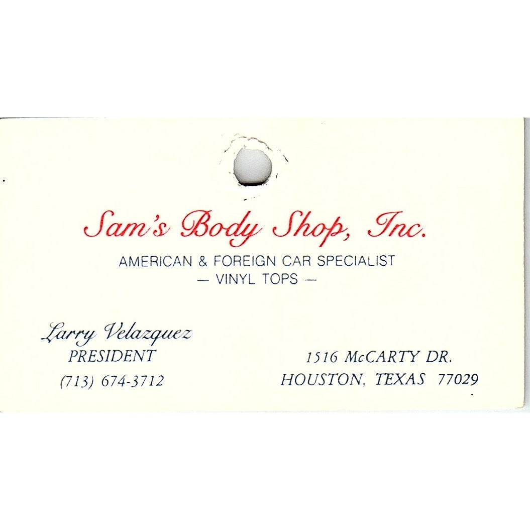 Sam's Body Shop Inc Larry Velazquez Houston Vintage Business Card SC9-B7