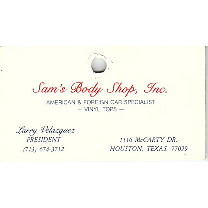 Sam's Body Shop Inc Larry Velazquez Houston Vintage Business Card SC9-B7