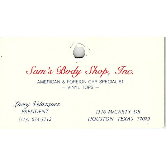 Sam's Body Shop Inc Larry Velazquez Houston Vintage Business Card SC9-B7