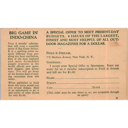 1930s Field and Stream Magazine Postal Mailing Card PE6