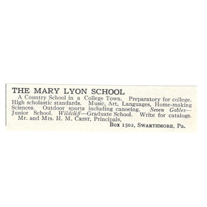 The Mary Lyon School H.M. Crist Swarthmore PA 1924 Magazine Ad AD8-O8