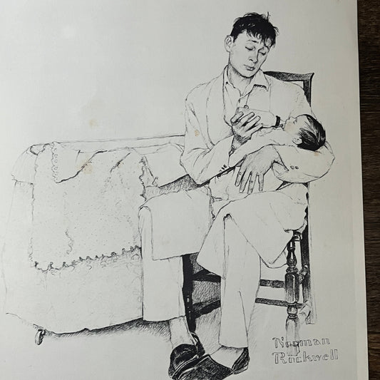 2 O'Clock Feeding Dad Feeding Baby Norman Rockwell Lithograph Art Print 11x14 V8