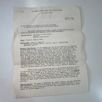 Oberlin College Gilbert and Sullivan Players 1961 Season Letter Boyers J17