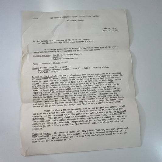 Oberlin College Gilbert and Sullivan Players 1961 Season Letter Boyers J17