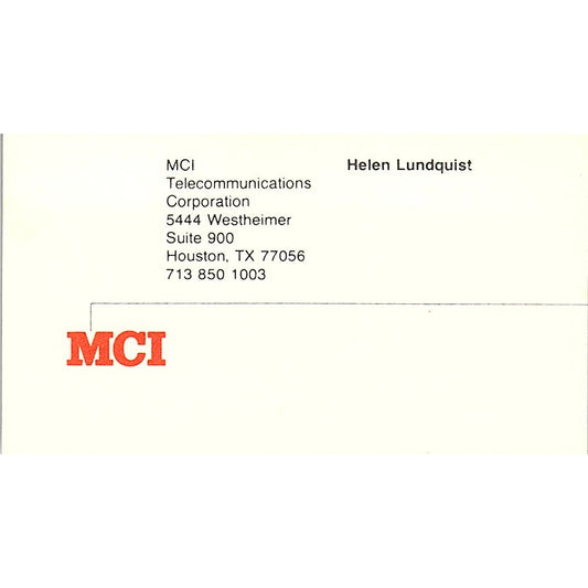 Helen Lundquist MCI Telecommunications Houston Vintage Business Card SE3-B16