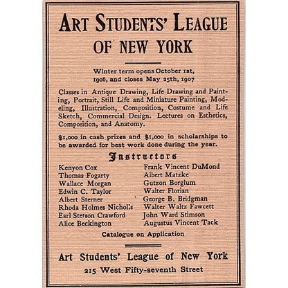 Art Students League of New York Kenyon Cox Thomas Fogarty - 1906 Ad AF5-3