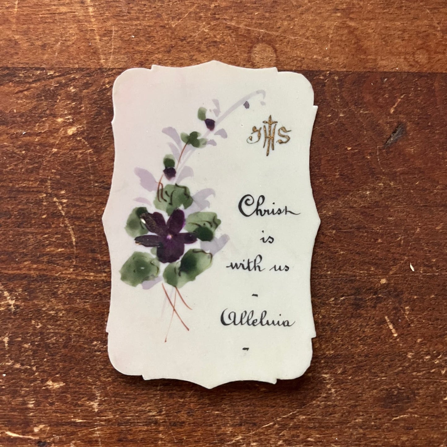 Antique Celluloid Bookmark IHS Christ is With Us Alleluia Hand Painted AB9