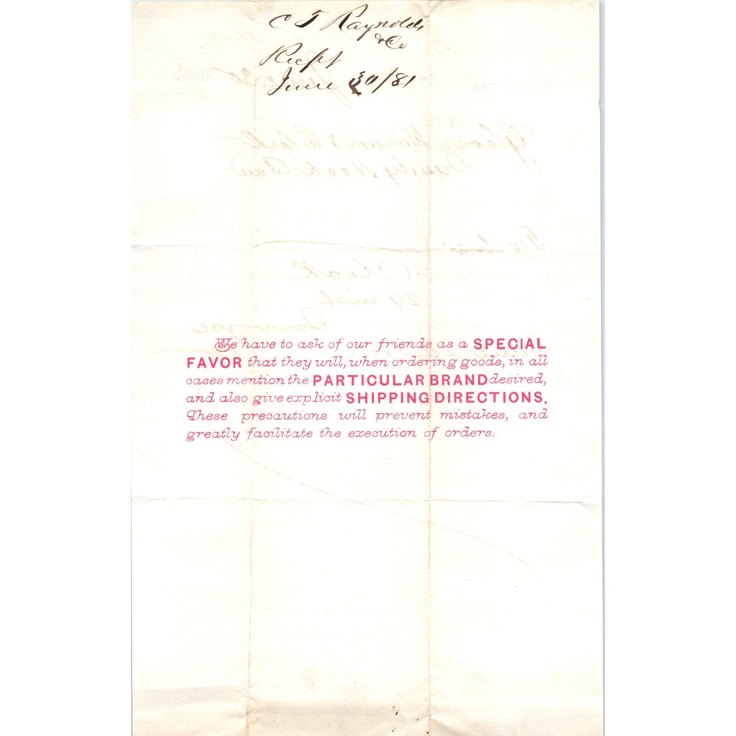 1881 Glover, Warner & Clark C.J. Raynolds Co Fulton St NY Receipt Letterhead D24