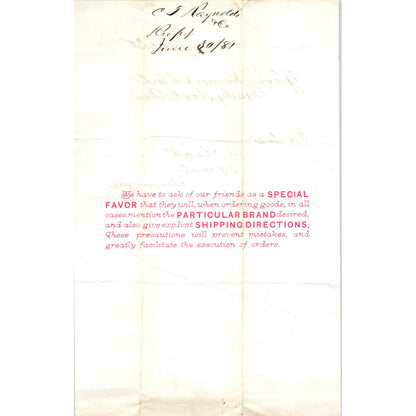 1881 Glover, Warner & Clark C.J. Raynolds Co Fulton St NY Receipt Letterhead D24