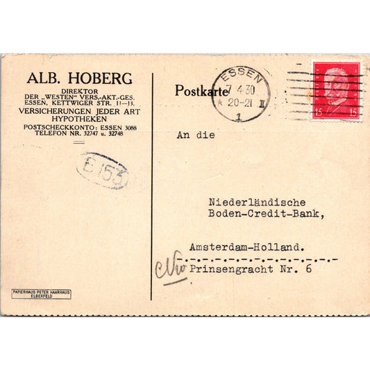 Alb. Hoberg Essen to Amsterdam-Holland 1930 German Reich Postcard P5-12