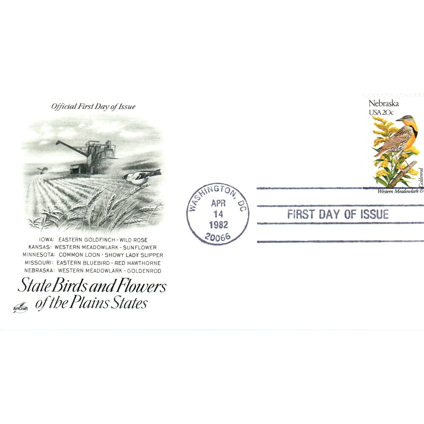 Nebraska 1982 State Birds & Flowers of The Plains States First Day Issue TJ5-PC2