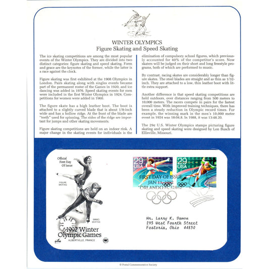 1992 US First Day Cover 29 Cent Winter Olympics Figure Skating Speed Skating D10