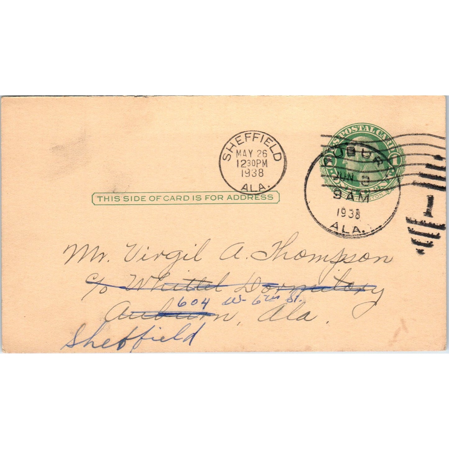 1938 Sheffield Alabama Absentee Ballot Request Postal Mailing Card PE7