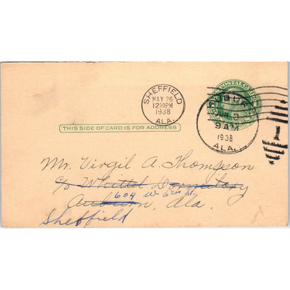1938 Sheffield Alabama Absentee Ballot Request Postal Mailing Card PE7